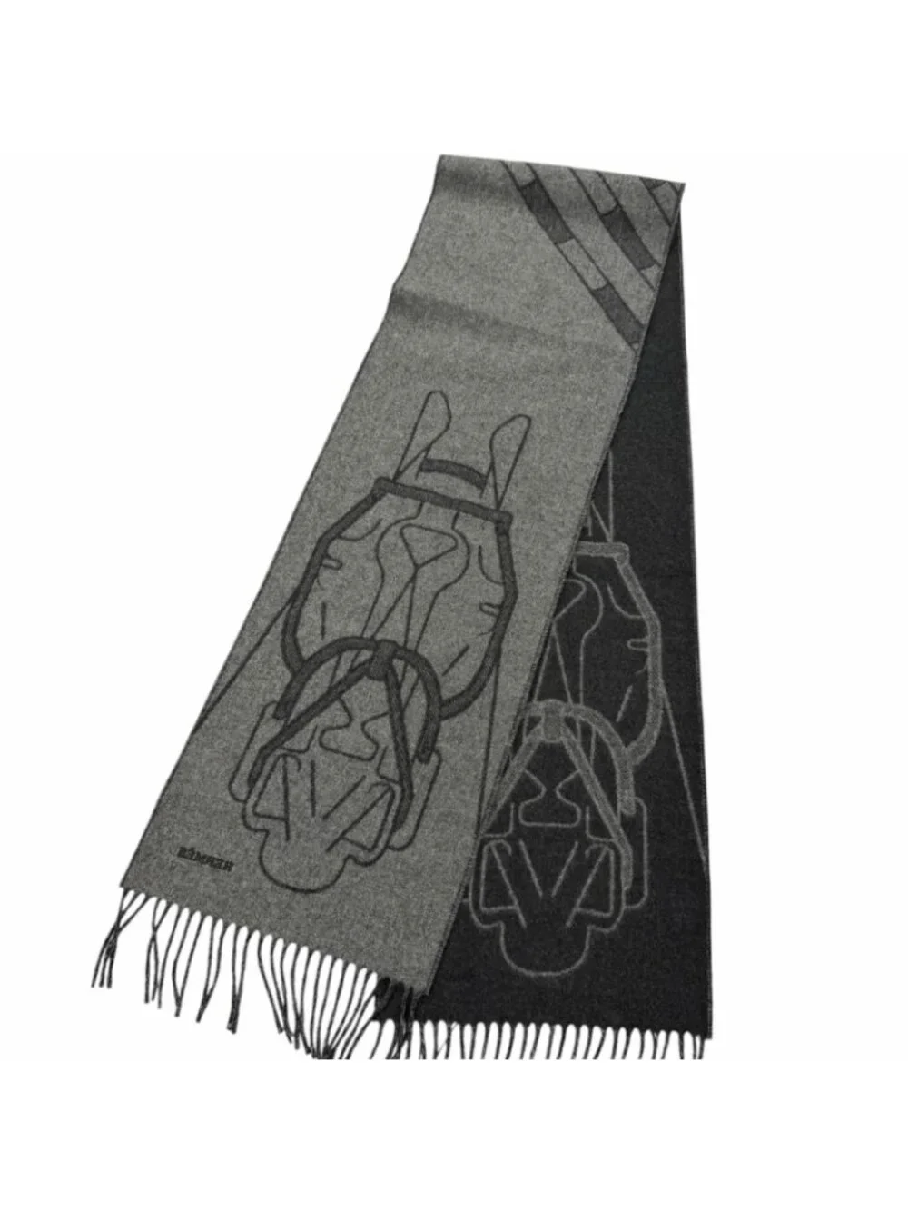 Hermes Tet A Tet Equestre Cashmere Hose Fringe Scarf Shawl Charcoal Gray